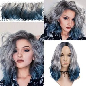 Jane's short wigs synthetic shoulder length grey blue